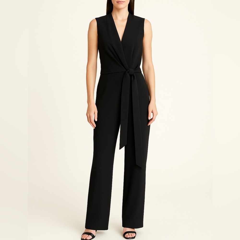 🌺 Theory Black Sleeveless V Neck Wrap Tie Pantsuit Size 2
